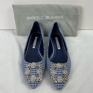 Manolo Blahnik Blue Gingham Flats with Crystal Buckles